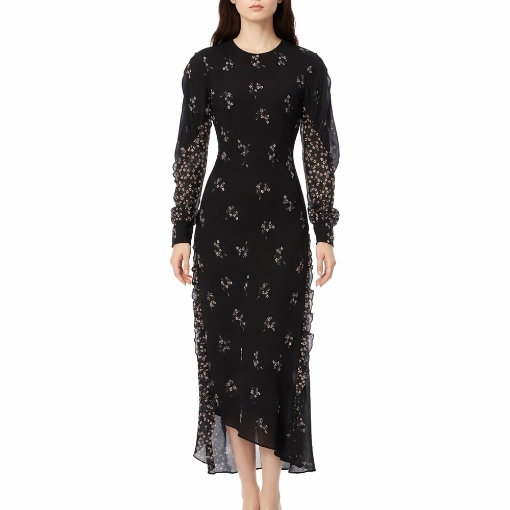 Tibi Black Multi‎ Lila Floral Print Florence Midi Ruffle Long Dress Size 00